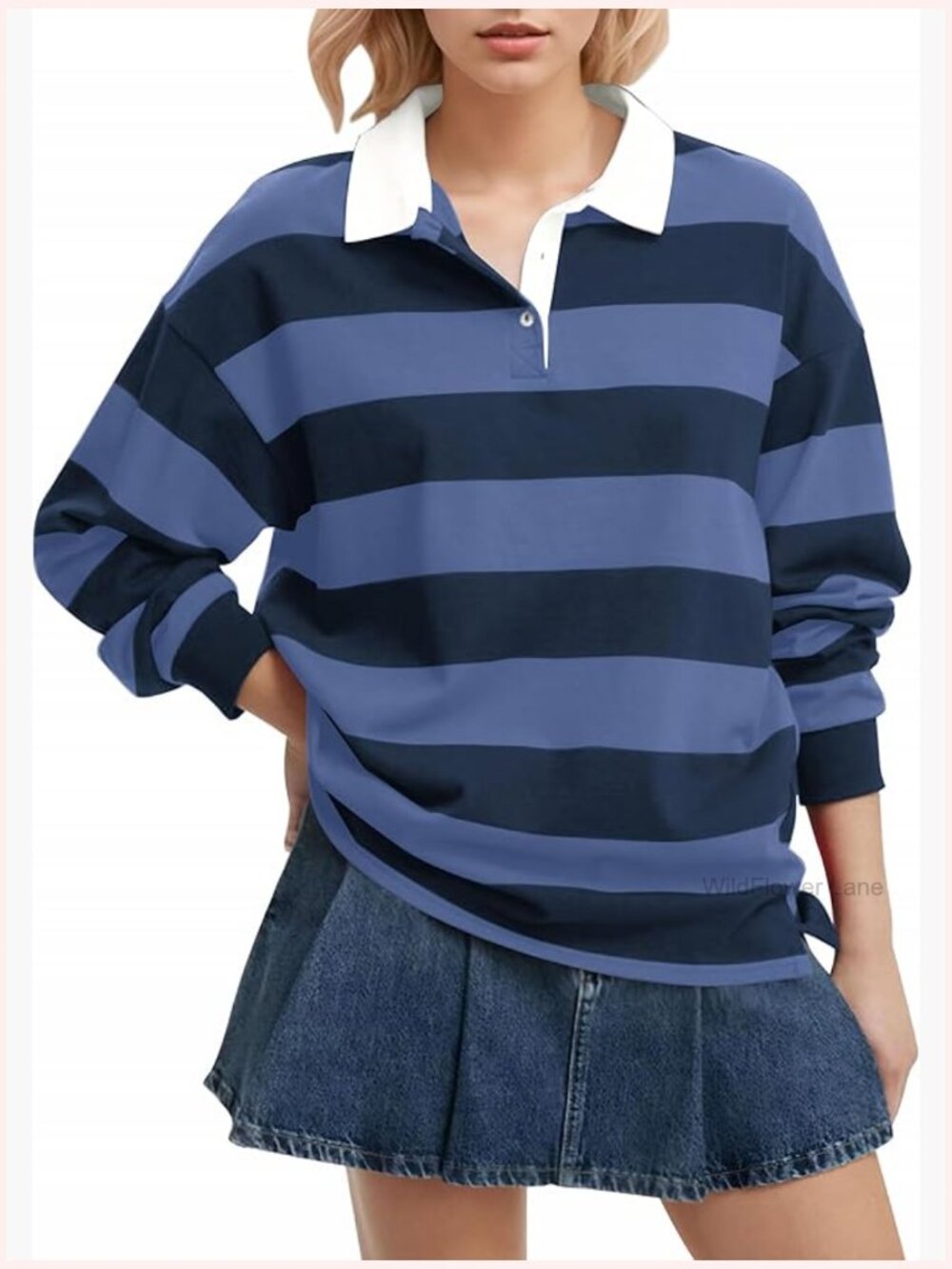 Striped Rugby Polo Sweatshirt Oversized Long Sleeve V Neck Y2K Pullover Top